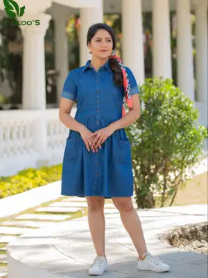 Fuloo's Lima Blue Solid Denim Dress For Women