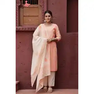 Aamayra Fashion House Peach Stripe Printed Kurti With Cream Pant And Shawl Set For Women