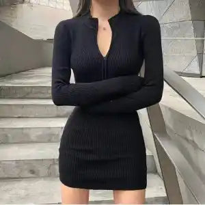 Black Zip Up Bodycon Dress For Women