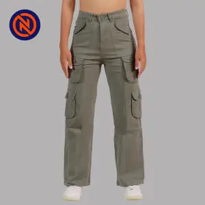 Nepster Green High Rise Premium Straight Cotton Cargo Box Pants For Women