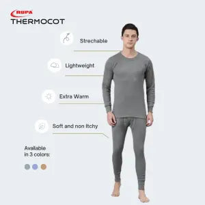 Rupa Thermacot Round Neck Full Sleeve Grey Thermal Top and Bottom Set For Men | Thermal Wear For Men