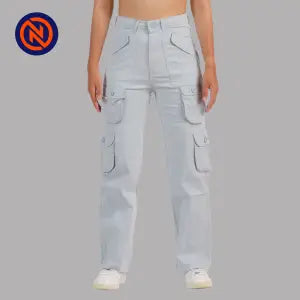 Nepster Light Grey High Rise Premium Straight Cotton Cargo Box Pants For Women