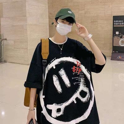 Myy22-200 Big Smile Emoji Printed Drop Shoulder Over Size T-shirt " Black "