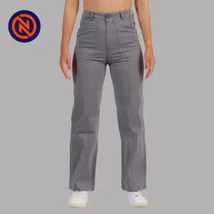 Nepster Dark Grey High Rise Stretchable Fancy Straight Cotton Pants For Women