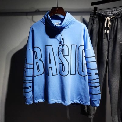 A208# High Neck Basic Lan Prited Velvet Fleece Sweatshirt " Blue "