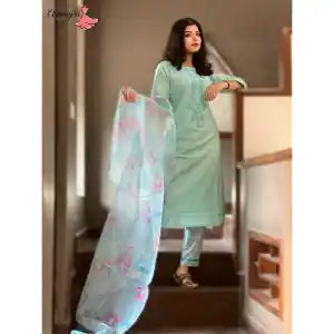 Aamayra Fashion House Mint Green Coloured Straight Kurti With Pant And Shawl Set For Women