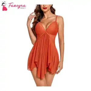 Fancyra Orange Baby V Neck Sexy Sleepwear With G String For Women - Free Size