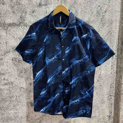 Hawaiian Shark Printed Half Shirt " Blue "