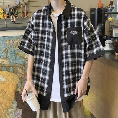 Cy50 Flannel Toned Over Size Half Shirt “ Black “