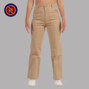 Nepster Khaki High Rise Stretchable Fancy Straight Cotton Pants For Women
