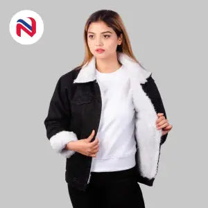 Nyptra Black Solid Premium Fur Denim Jacket For Women - Fashion | Jackets For Women | Women's Wear | Denim Jackets |