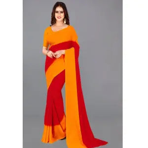 Dual Color Georgette Saree ( Yellow Red )