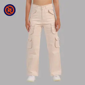 Nepster Cream High Rise Premium Straight Cotton Cargo Box Pants For Women