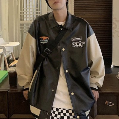 A62 Beat Letter Printed Patchwork Over Size Racing Varsity Jacket " Black "