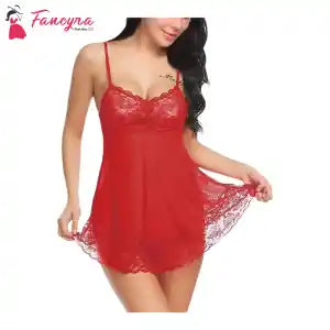 Fancyra Women Spandex Lace Floral Above Knee Nightwear Baby Doll With G String Panty Free Size