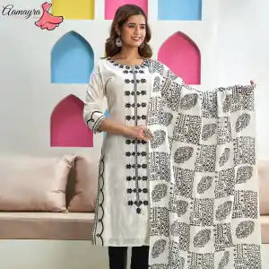 Aamayra Fashion House Off-White Straight Kurti With Black Pant And Shawl Set For Women