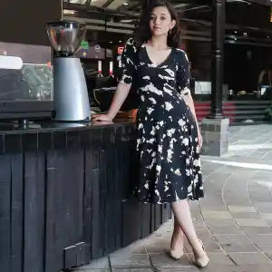 Creative Touch Black And White Patterned Cotton Mix Midi Dress For Women WDR5136