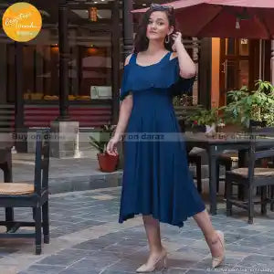 Creative Touch Navy Blue Cotton Mix Off-Shoulder Dress For Women WDR5197