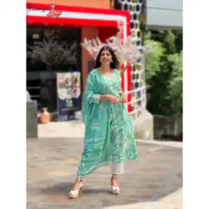 Aamayra Fashion House Green Flower Printed Aliya Cut Semi Umbrella Kurti With Pant And Shawl Set For Women