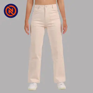 Nepster Cream High Rise Stretchable Fancy Straight Cotton Pants For Women