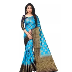 Women Ethnic Wear Banarasi Cotton Silk Navy Blue Color Saree