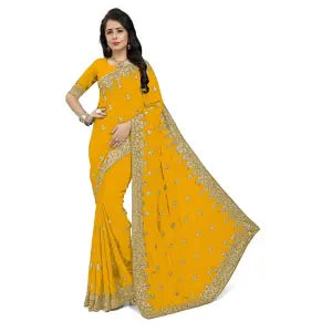 Self Design, Temple Border, Embroidered, Embellished Bollywood Georgette Saree (Yellow)