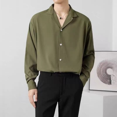 Y36 Basic Plain Lapel Collar Over Size Full Shirt " Olive "