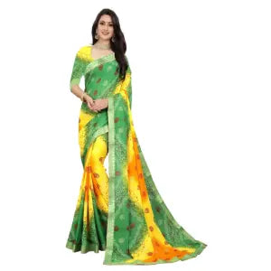 Bandhani Georgette Multicolor Lace Border Saree With Matching Blouse For Women - Yellow |Fashion Georgette Saree For Women
