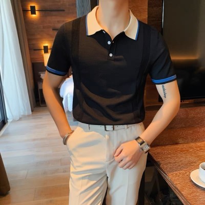 T10 Summer Men's Colorful Striped Polo T-shirt " Black "