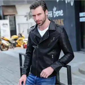 Black Zipped Faux Leather Biker Jacket For Men