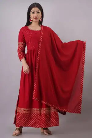 SHRIVA Collection Red Anarkali Cotton Kurtha Pant And Shawl Set For Women