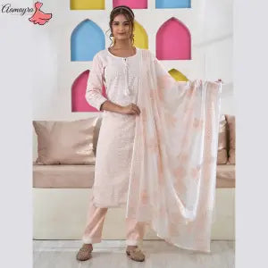Aamayra Fashion House Peach Chikan Kari Kurti With Pant And Shawl Set For Women
