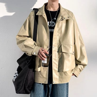 7010 Box Pocket Street Style Over Size Leather Jacket " Khaki "
