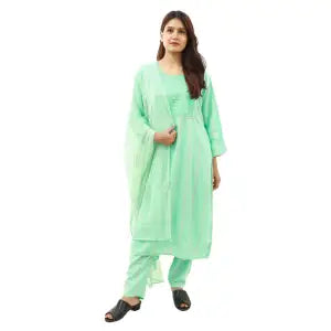 Green Cotton Round Neck Full Sleeve Floral Embroidered Kurti,Plazzo With Shawl Set For Women