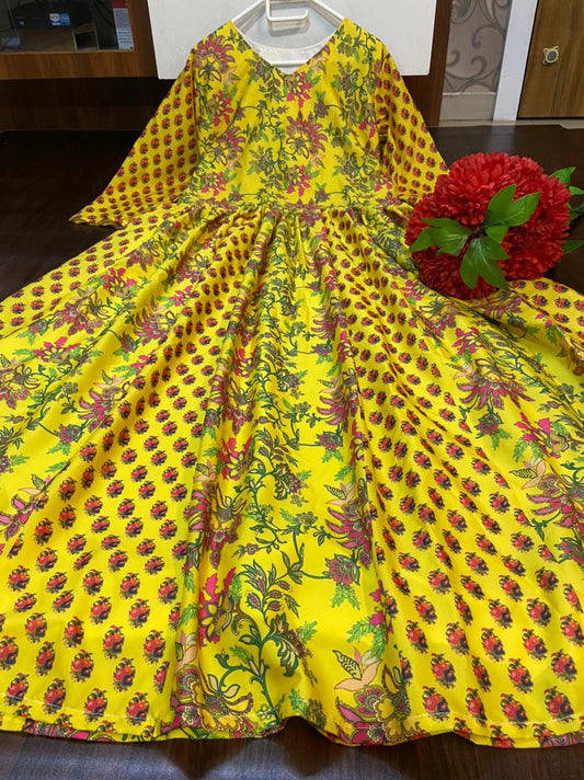Yellow Long Gown Kurti With Heavy Butter Silk With Beautiful Hand Print ( Full Stitched ) With Full Sleeves