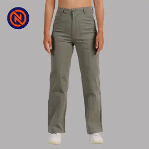 Nepster Army Green High Rise Stretchable Fancy Straight Cotton Pants For Women