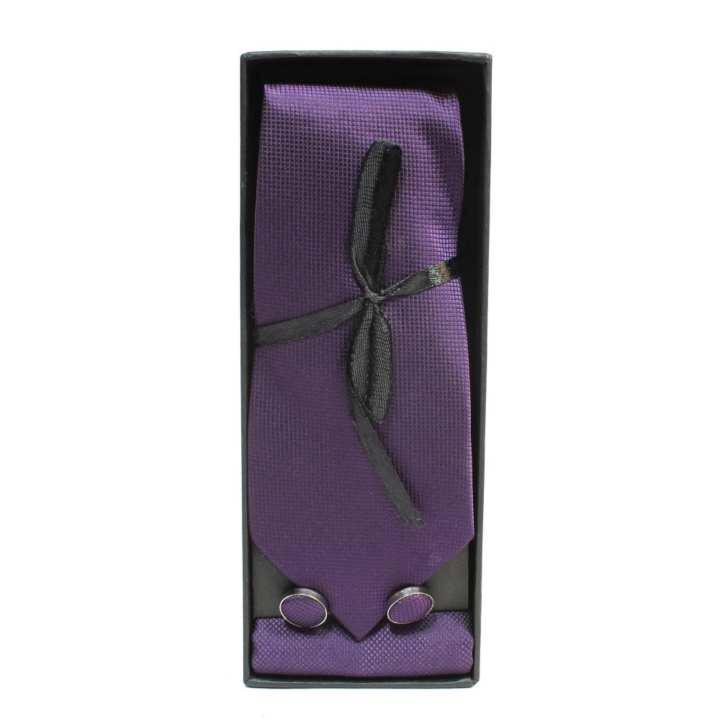 Purple Solid Checkered Tie Set (Cufflinks + Pocket Square)
